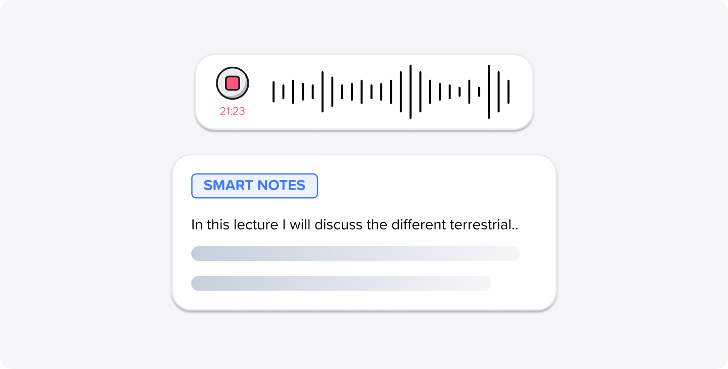 A close up of the Audio Recording and Smart Notes feature in Notability, which allows users to record audio and turn the audio recording into notes.