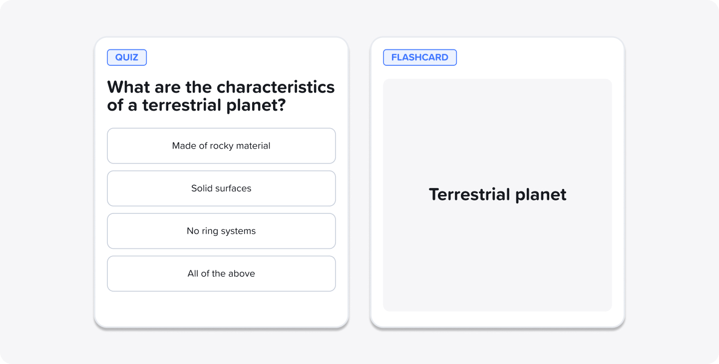 A closeup of the quiz and flashcard feature in Notability, which allows users to test their knowledge of the content of their note.