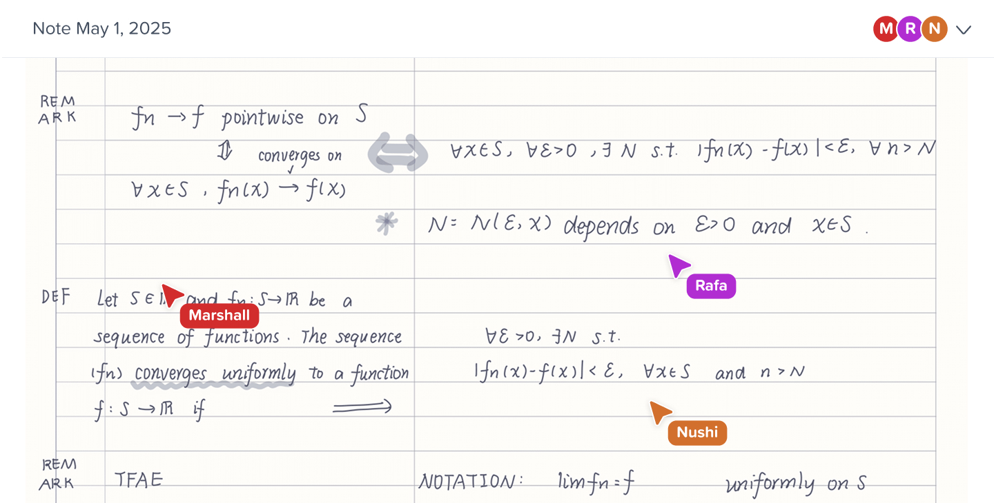 A screenshot of a note in Notability, with multiple users editing the note, marked by live cursors for each users on the note.
