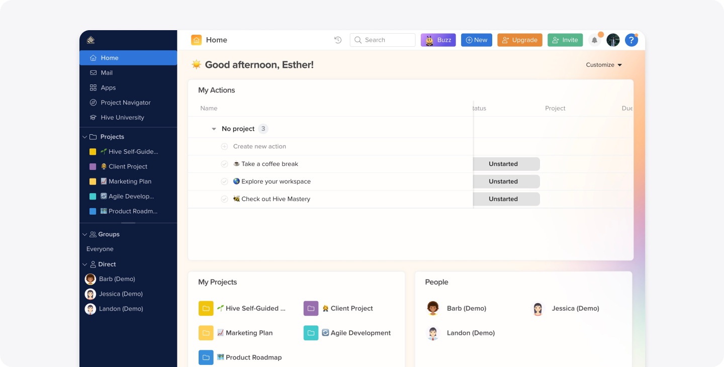 A screenshot of the dashboard of Hive Notes, a productivity platform.