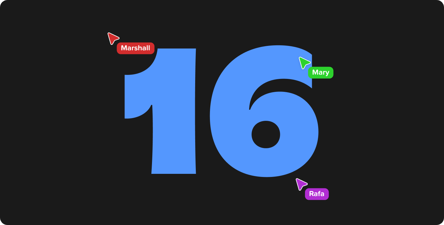 A blue 16 sits against a black background. There are three colorful cursor icons with names displayed next to each cursor icon that are displayed on top of the 16.