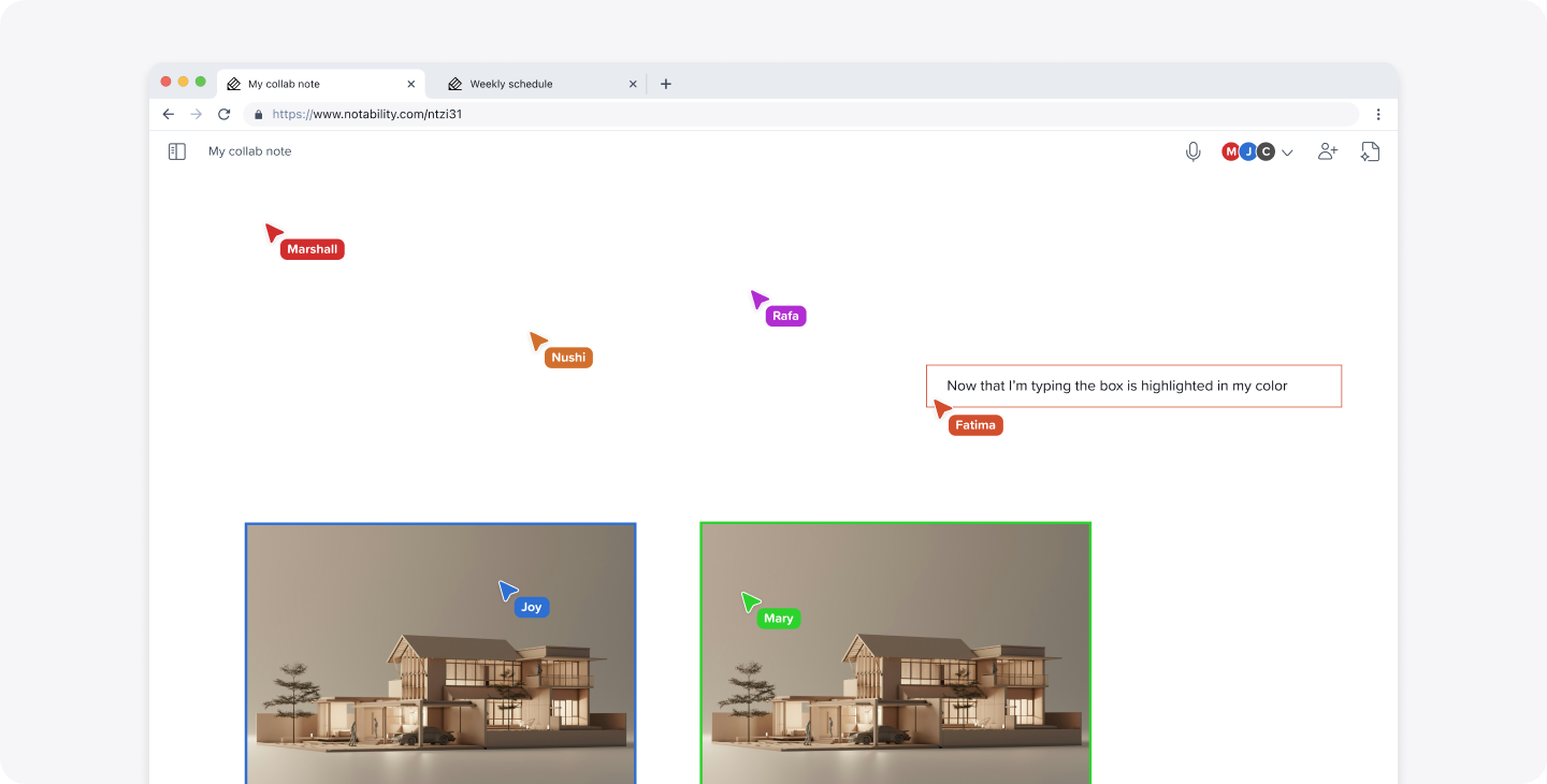 A screenshot of the live collaboration feature in Notability, allowing users to co-edit notes and see others in their notes in real time.