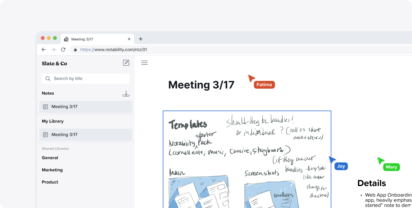 A close-up shot of meeting notes in Notability, with multiple users collaborating on the note in real time, marked by their icons and cursors.