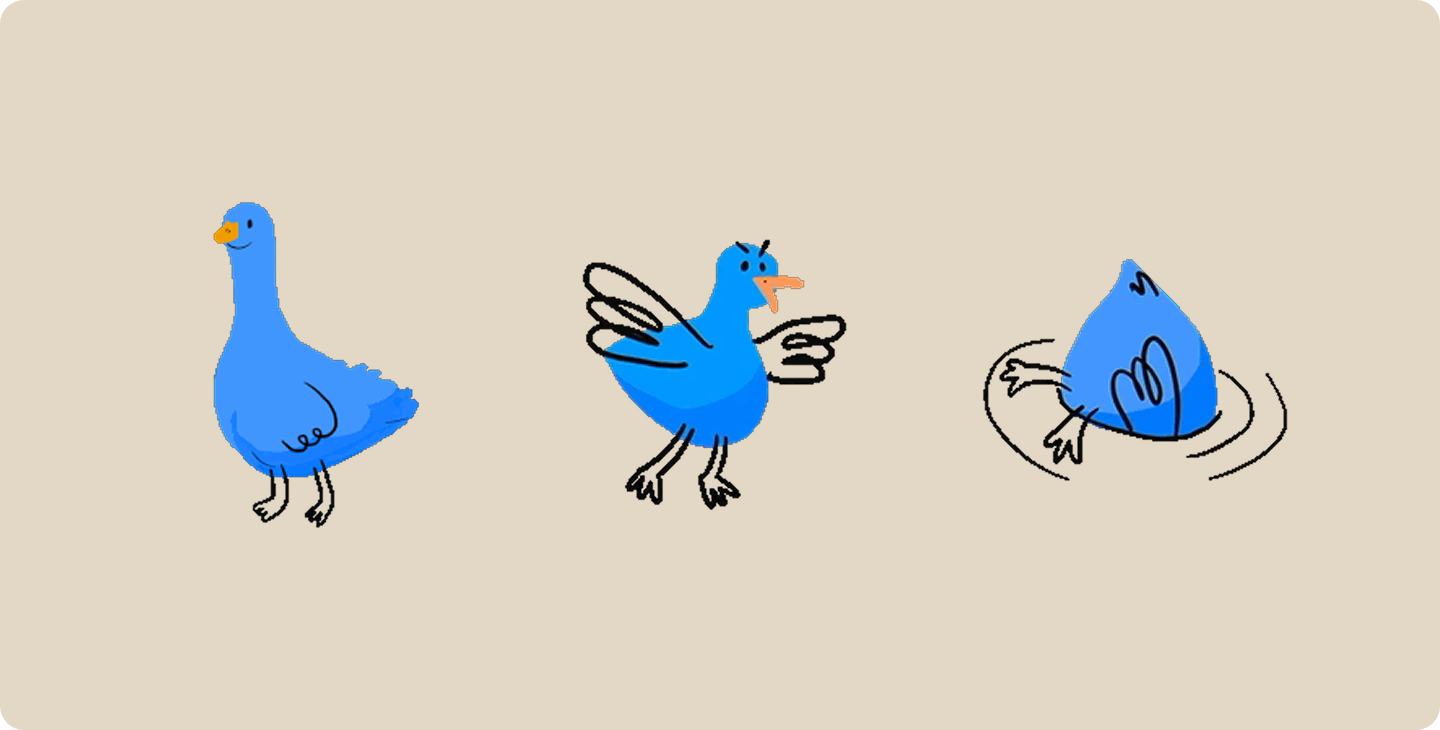 Three versions of Inky, a blue animated goose mascot from Notability, sit against a tan background. The left goose stands still. The middle goose flaps its wings while honking. The right goose is diving into the water, headfirst.