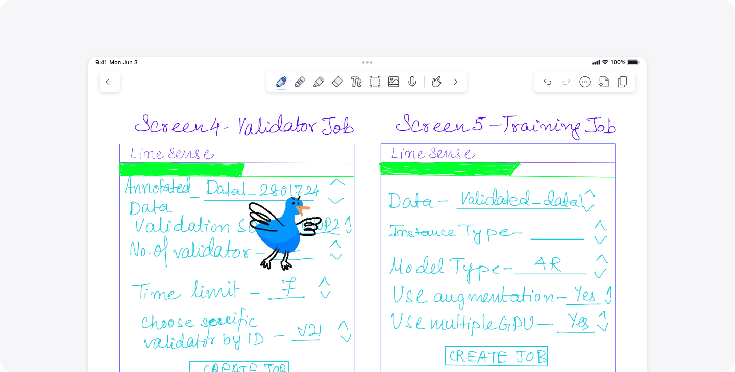 Inky, a blue animated goose mascot from Notability, flaps her wings on top of a user's note in the app.