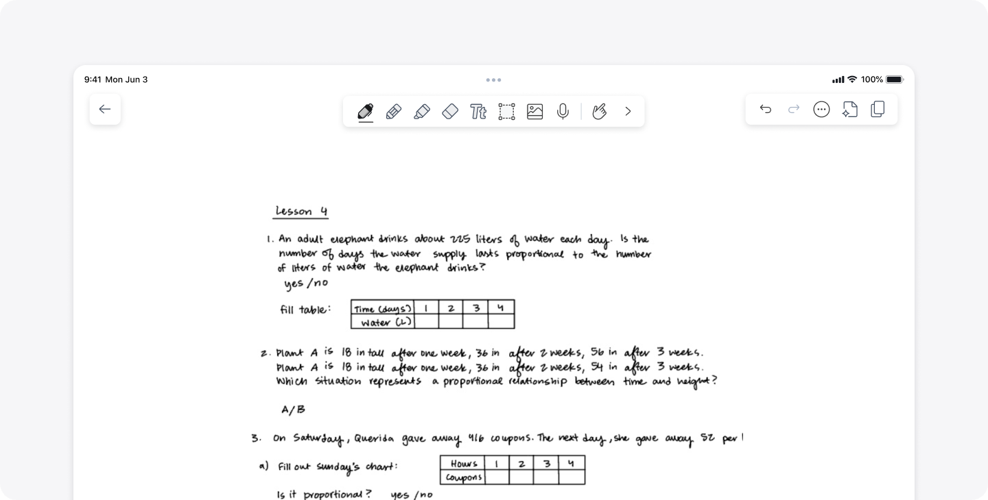 A math worksheet open in the Notability app.