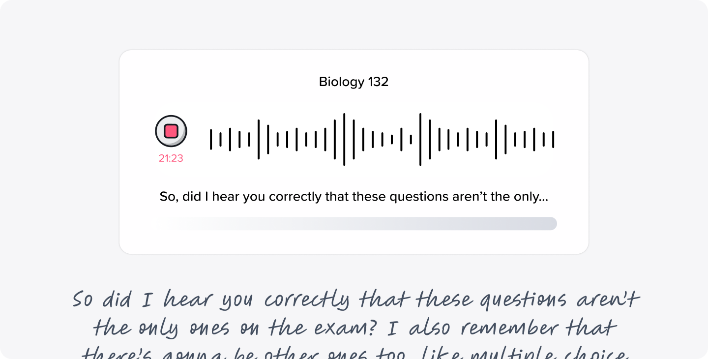 A close-up shot of the user interface of the Live Transcription feature in Notability, which allows users to get an instant transcript in real time of the audio they're recording, synced to the handwritten notes they're taking while the audio is recording..