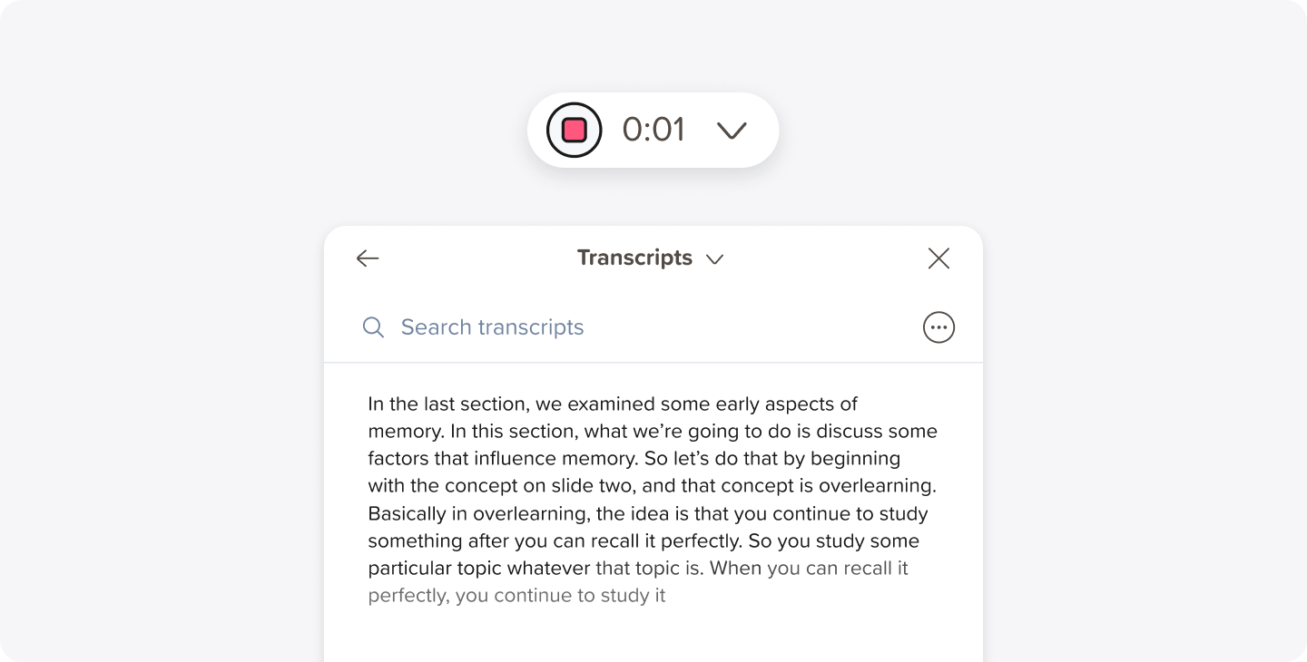 A close-up shot of the user interface of the Live Transcription feature in Notability, which allows users to get an instant transcript in real time of the audio they're recording.