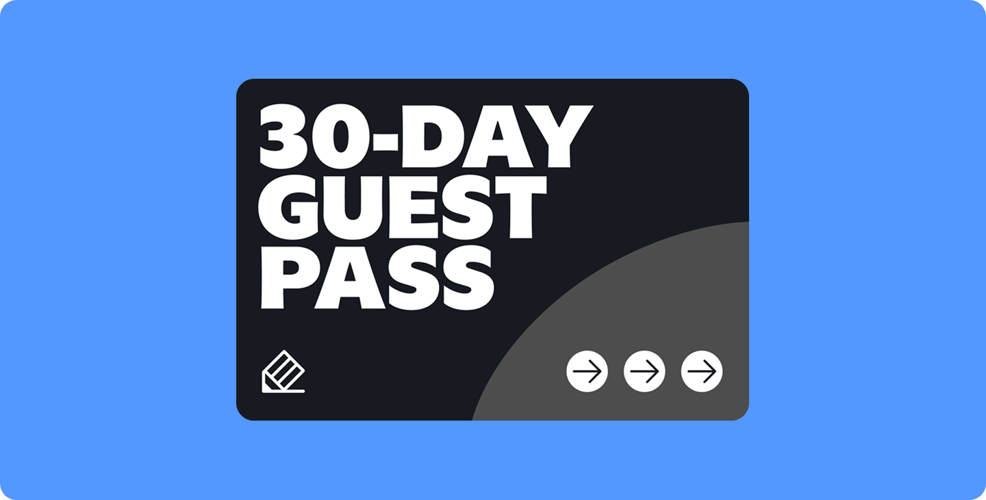 The white text "30-Day Guest Pass" sits against a black and grey card with the Notability pencil logo. The black and grey card sits against a blue background.