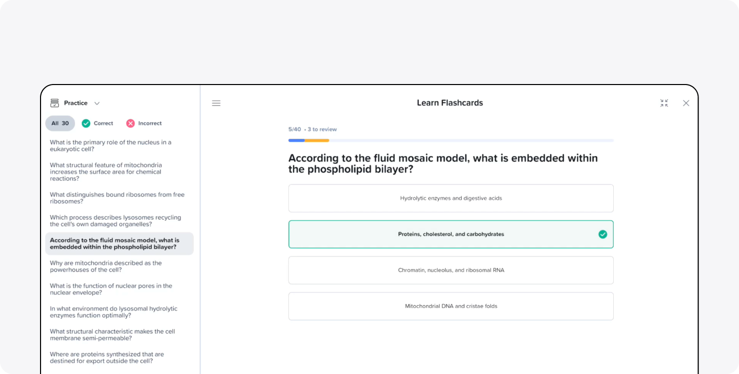Notability UI showing AI study tool 'Learn' in Practice mode