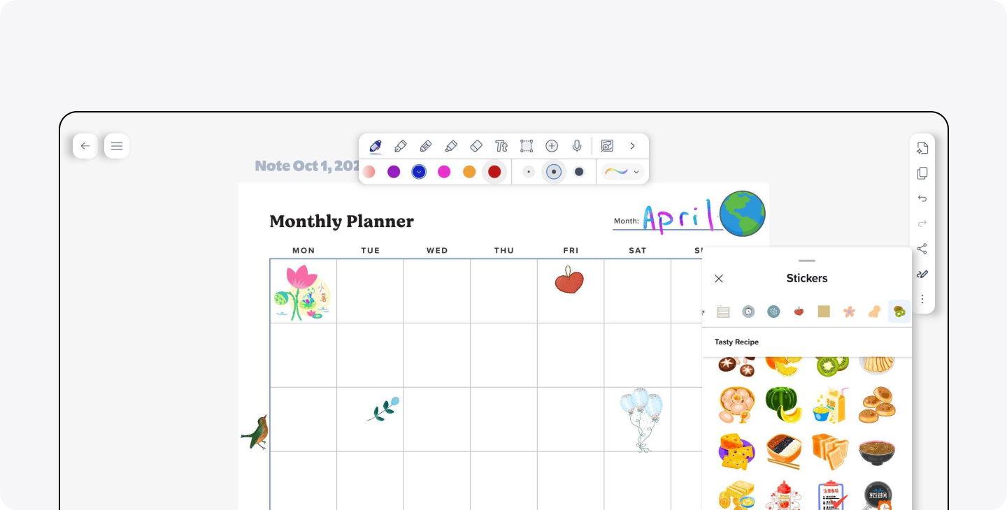 Monthly Planner Template on Notability featuring various stickers available on Android