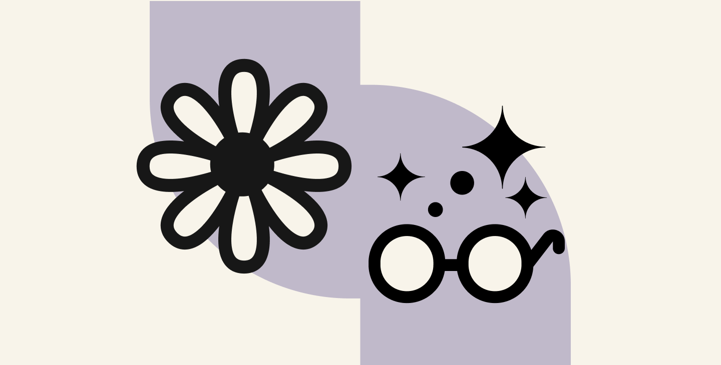 Illustration of a hand making a peace sign next to a pair of glasses with sparkle accents, in Notability's cream, gray, and black brand style.