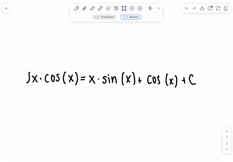 A handwritten integral, ∫x·cos(x) = x·sin(x) + cos(x) + C, converts to typed math in Notability.