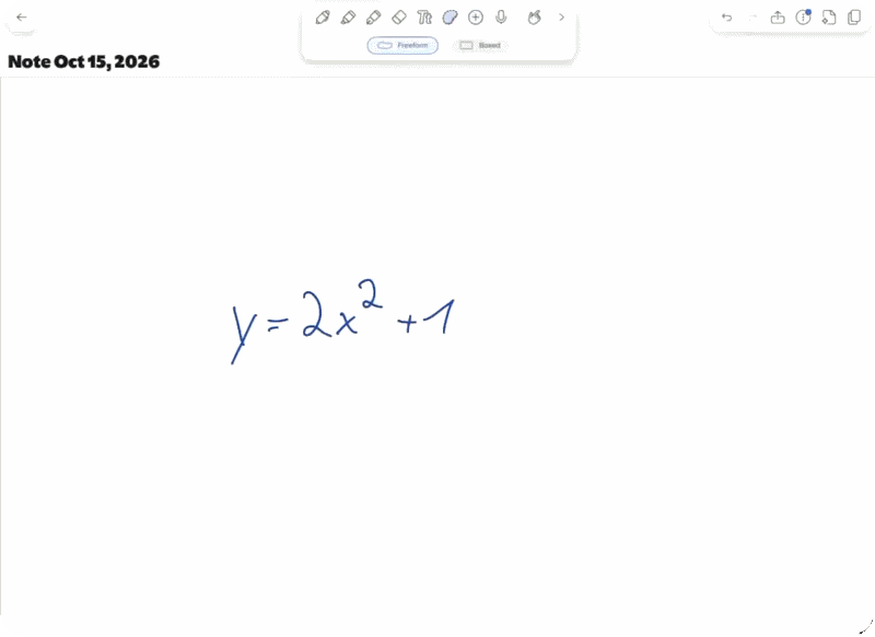The handwritten equation y = 2x² + 1 converts to a plotted parabola on a labeled graph in Notability.