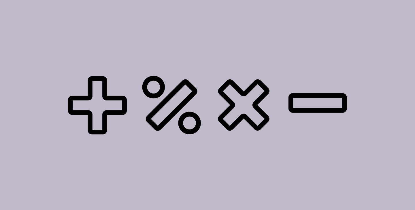 Outlined plus, percent, multiplication, and minus symbols on a lavender background.
