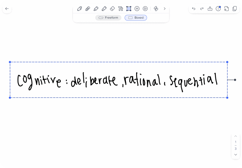 Handwriting that reads “cognitive: deliberate, rational, sequential” is selected and converted to typed text in Notability.