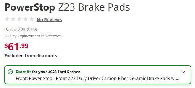 Screenshot of a product description for brake pads, including a 30-day replacement for defective items