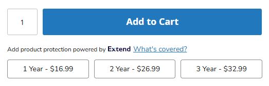 Screenshot of Extend Product Protection offers below the "add to cart" button on an ecommerce website. The options include coverage from 1 to 3 years.