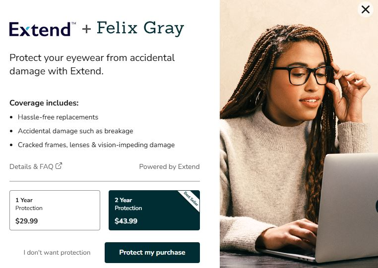 Screenshot of Extend Product Protection offering on Felix Gray website, with both one- and two-year options available. To the right, there's an image of a woman wearing glasses and sitting at a laptop.