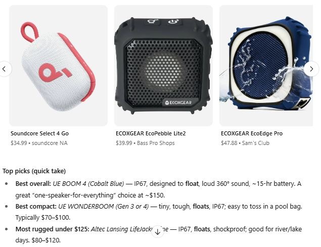 Screenshot of three speakers that are featured in an answer from ChatGPT. There's text below the speakers explaining the top picks including which is best overall, best compact, and best rugged speaker under $125.