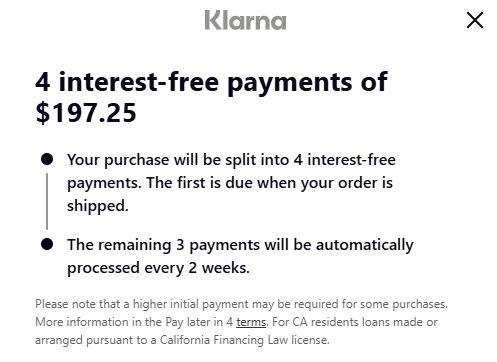 Screenshot of an offer from the buy now, pay later provider Klarna that explains how consumers can purchase an item and pay for it in 4 interest-free payments.