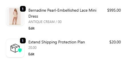 Screenshot of an Extend Shipping Protection in-cart offer ($20) alongside a mini dress purchase ($995) from LoveShackFancy