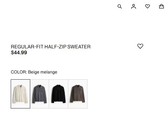 Image of a half-zip sweater on H&M's website. In the top right of the image is a small heart outline, which a user can click to "favorite" the item.