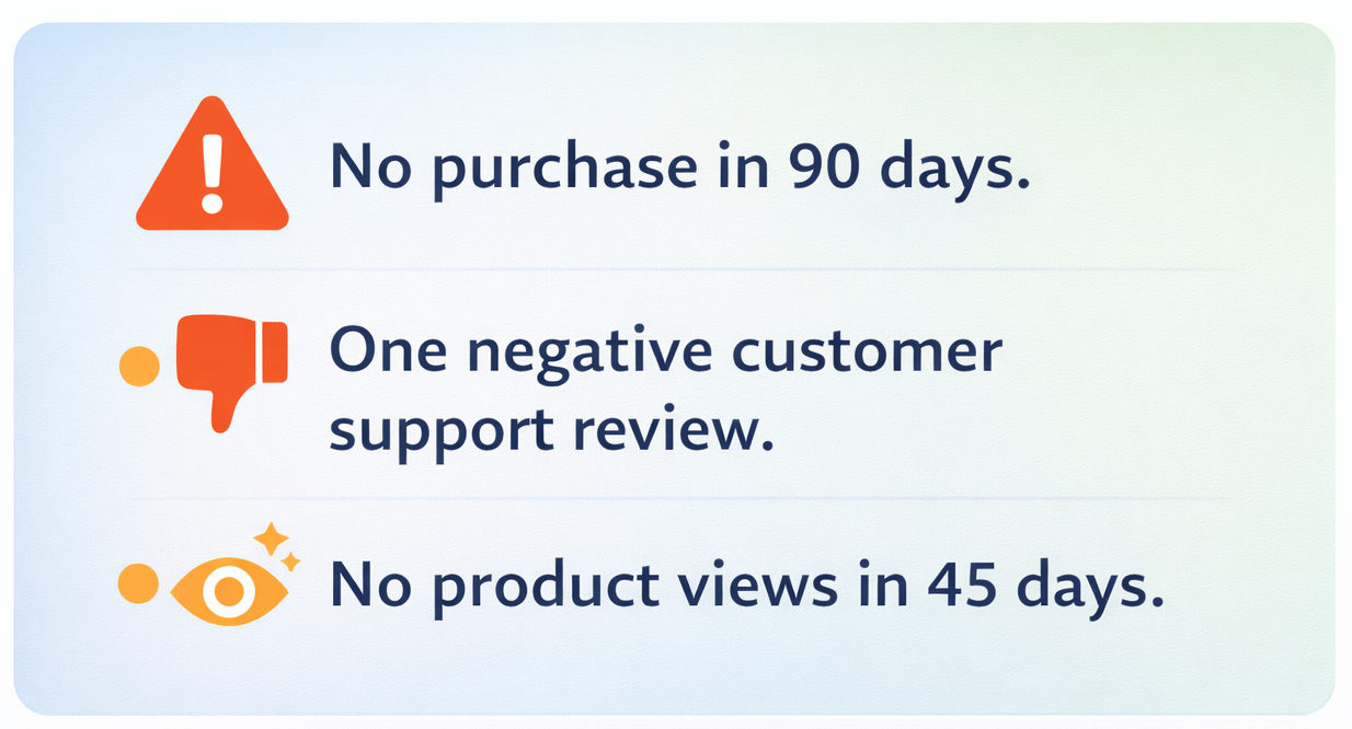 Visual of example criteria that could be used to identify a customer who's about to churn: no purchase in 90 days, a negative review, and no product views in 45 days.