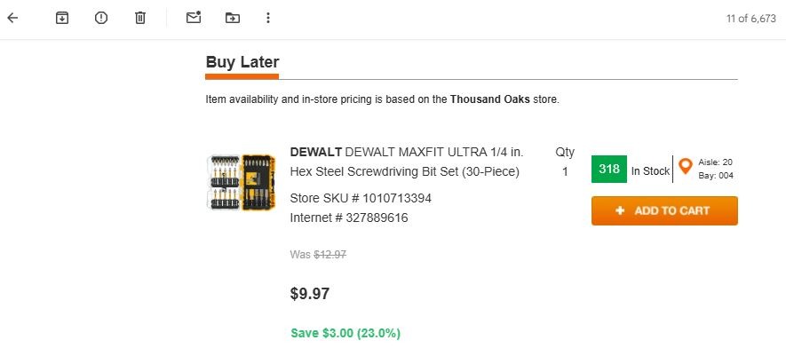 Visual of a "buy later" screen from The Home Depot's website