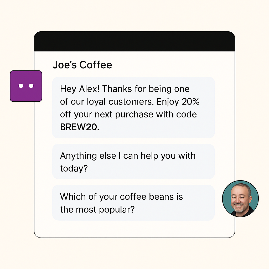 Mock chat message from a coffee brand offering a personalized loyalty discount in response to a WISMO order-status request