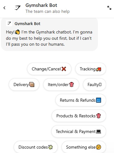 Screenshot of the Gymshark ecommerce chatbot with a pre-loaded Tracking button for WISMO order-status requests