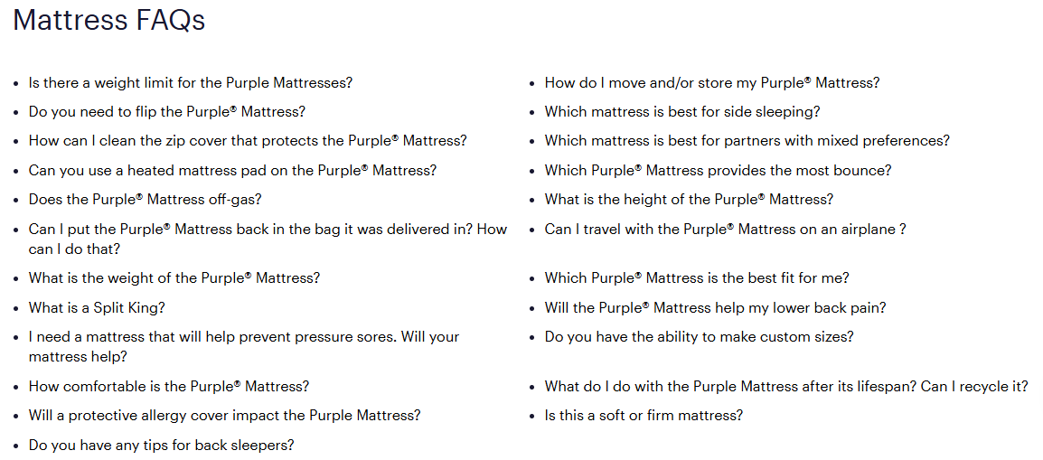 Purple Mattress FAQ page listing dozens of self-service answers about mattress care, sizing, and comfort