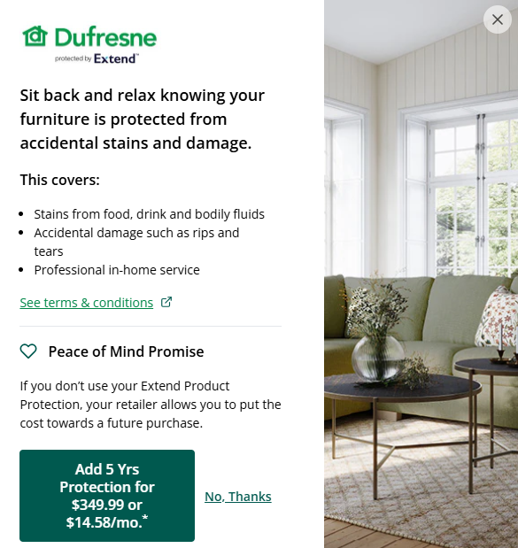 The Dufresne Group Canada product protection pop-up powered by Extend showing furniture coverage details, terms & conditions link, and a five-year plan option