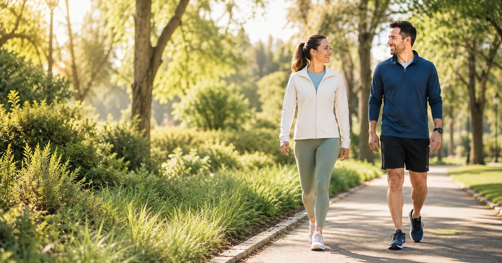 A happy healthy man and woman walking together along a sunny path