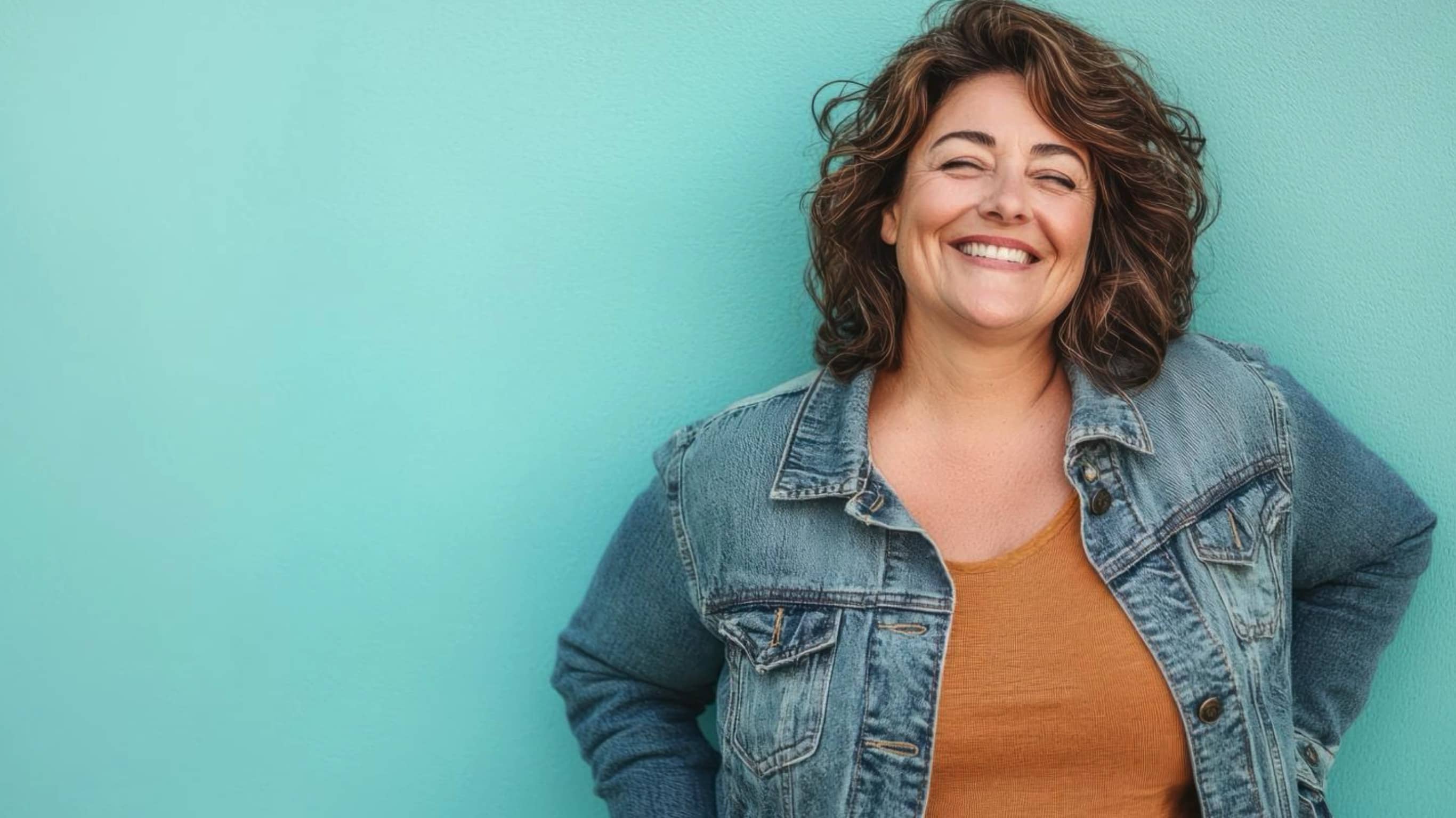 Joyful, healthy middle-aged caucasian woman in a jean jacket standing by a blue wall