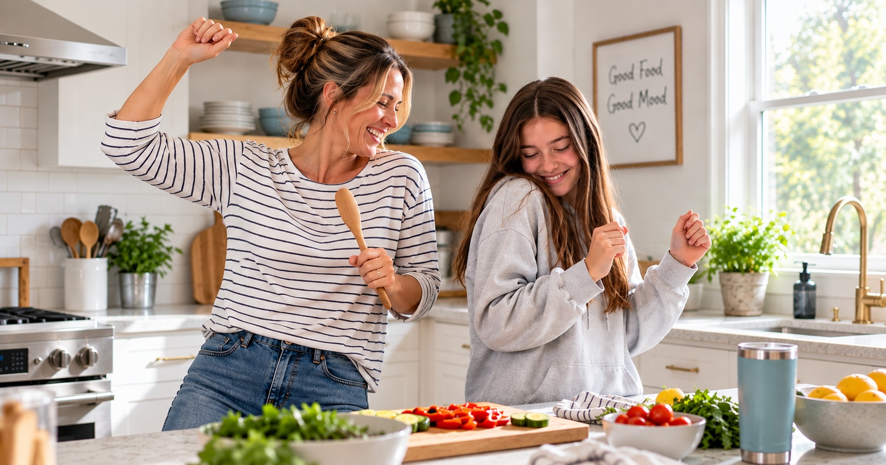 Mom and teenage daughter dancing in the kitchen.