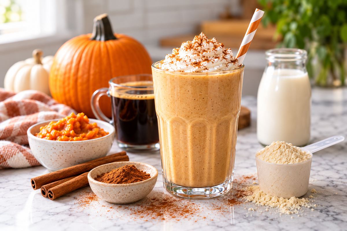 Pumpkin spiced latte drink and pumpkins on a table