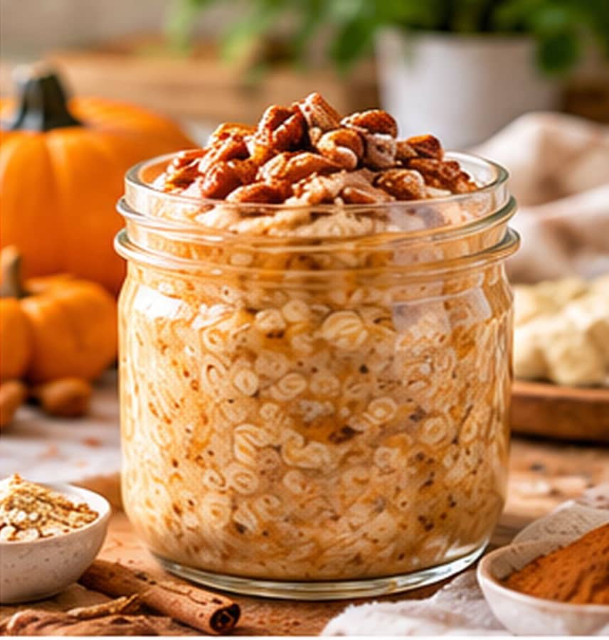 pumpkin overnight oats in a glass jar