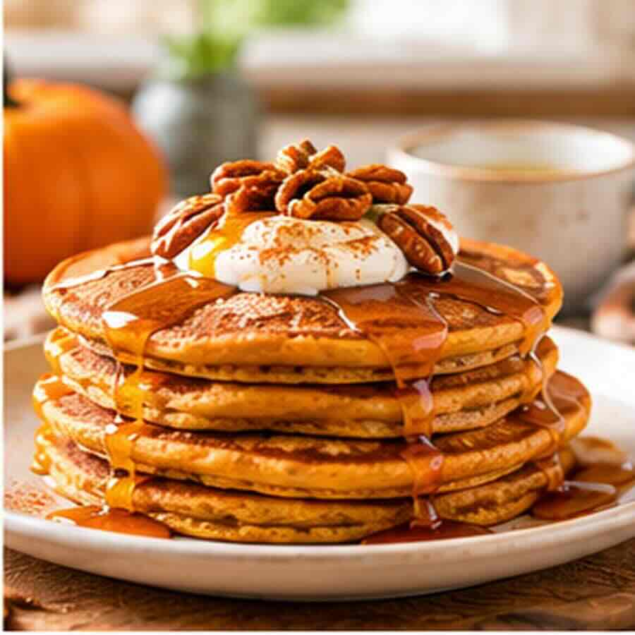 stack of pumpkin pancakes with syrup, whipped cream and pecans