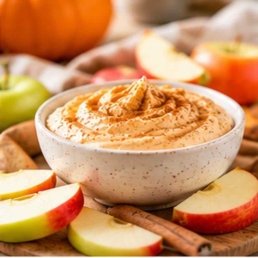 Bowl of pumpkin yogurt dip with apple slices on the side