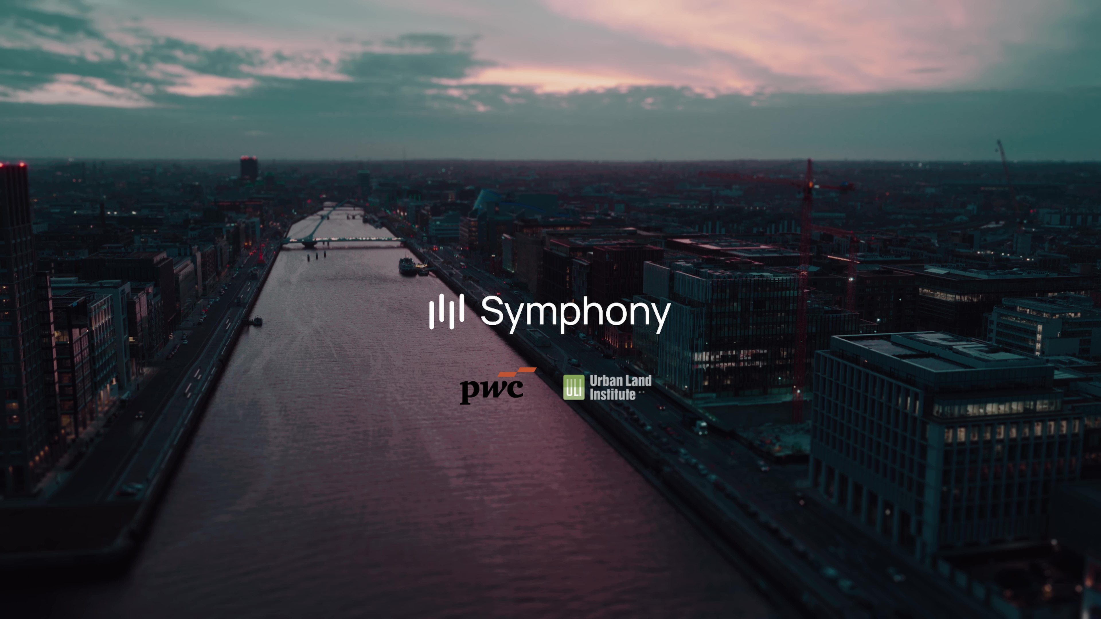A city river view at dusk with Symphony logo and PwC and Urban Land Institute logos overlaid.