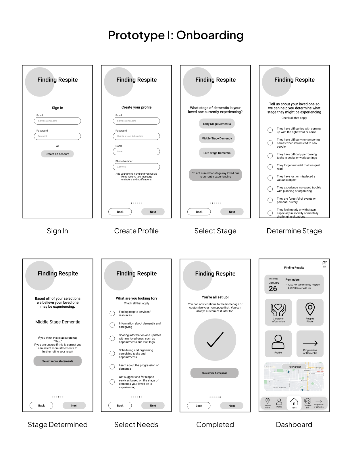 Prototype 1 wireframes