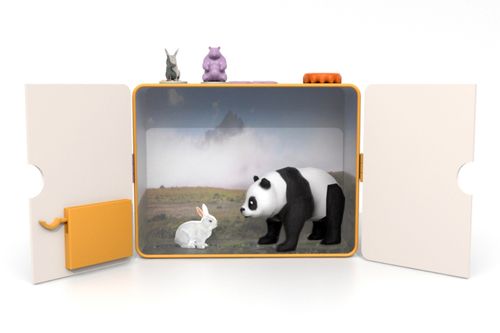 Panda and hare interacting inside box