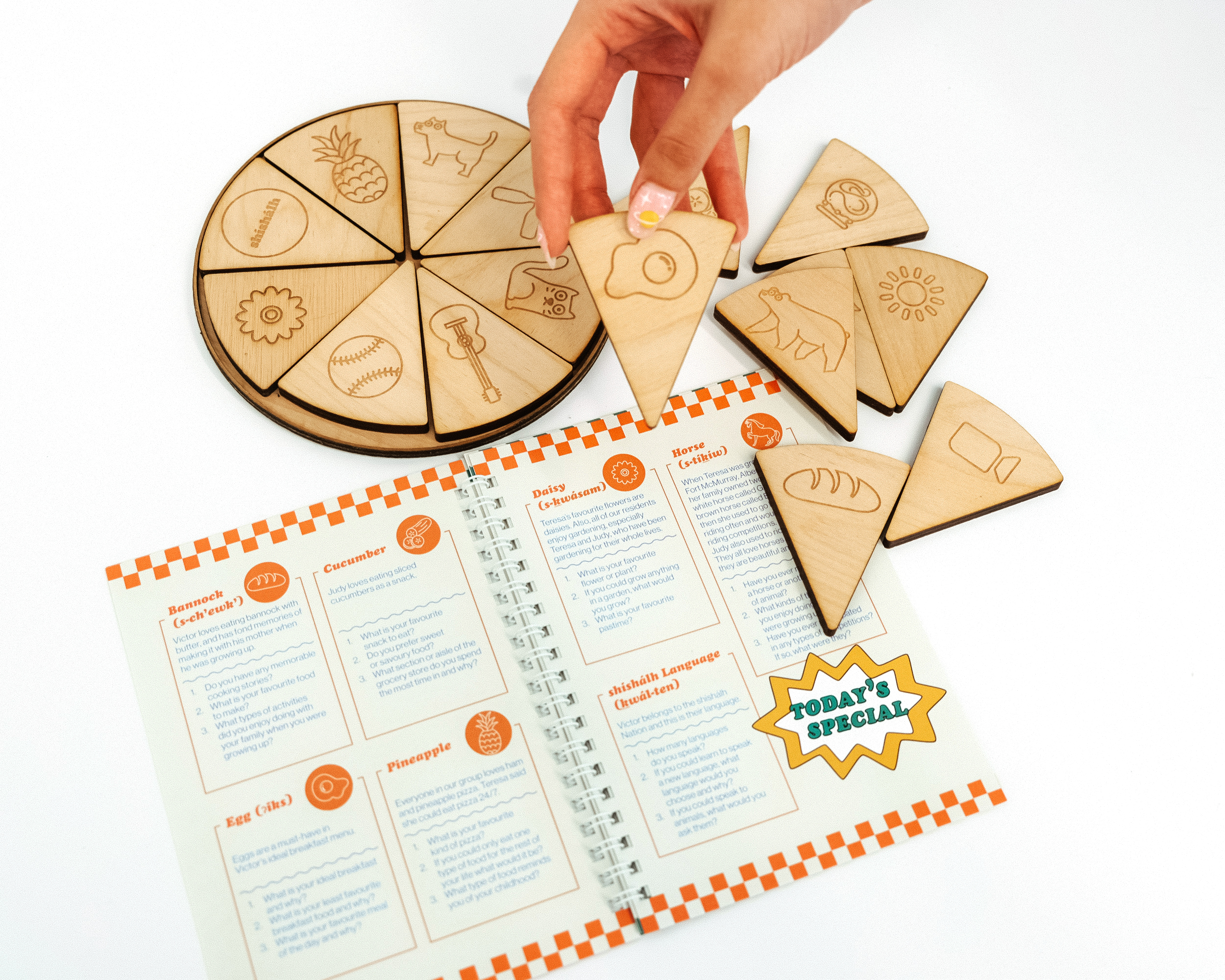 Slice of pizza being shown with booklet open