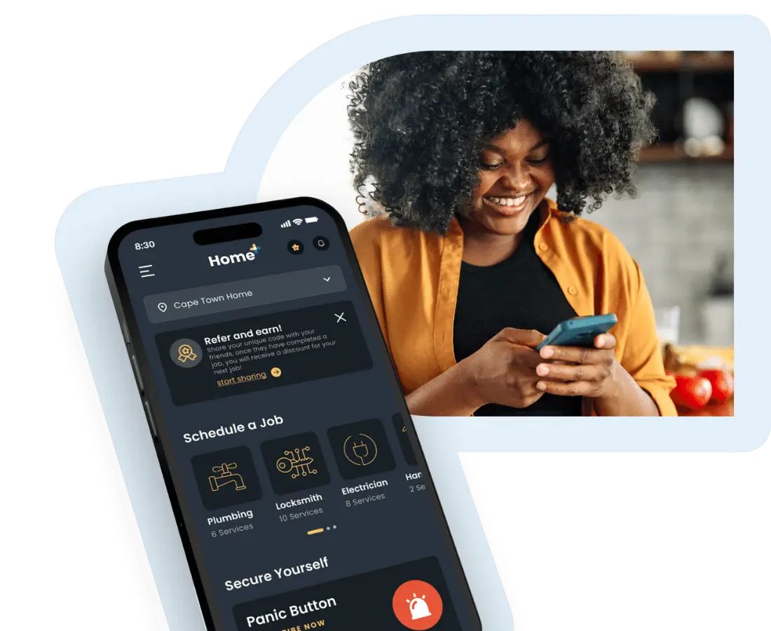 an image of the Home+ interface with a happy lady in the background
