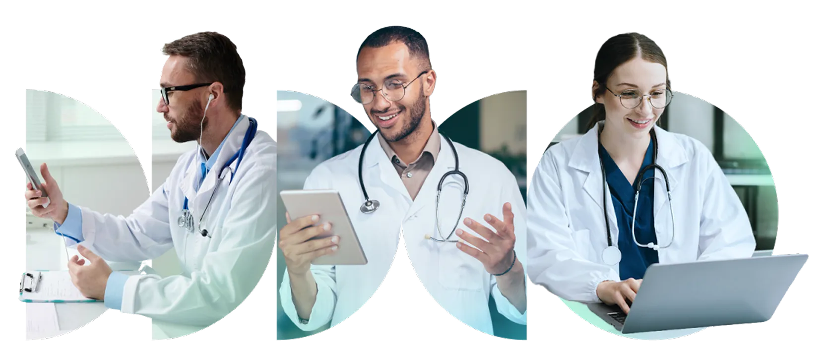 A set of 3 different doctors using tech devices to handle patient information.