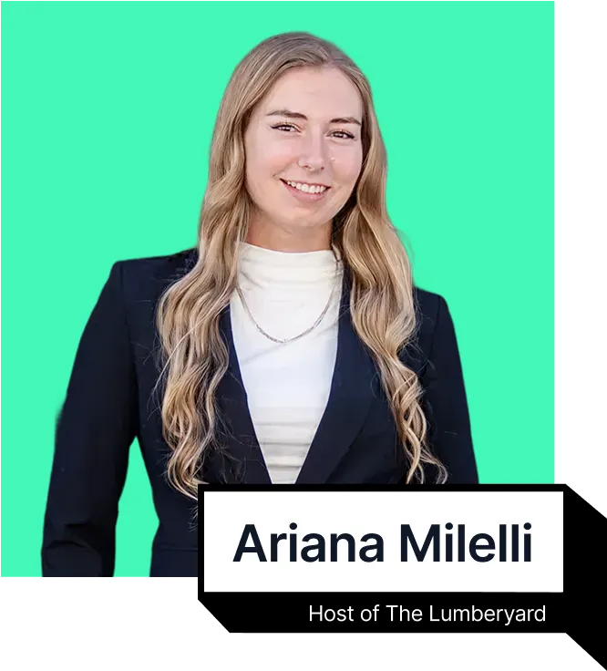 Smiling woman with long wavy blonde hair wearing a black blazer and white top, identified as Ariana Milelli, Host of The Lumberyard.