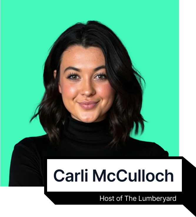Portrait of Carli McCulloch with shoulder-length dark hair wearing a black turtleneck against a green background, labeled as Host of The Lumberyard.