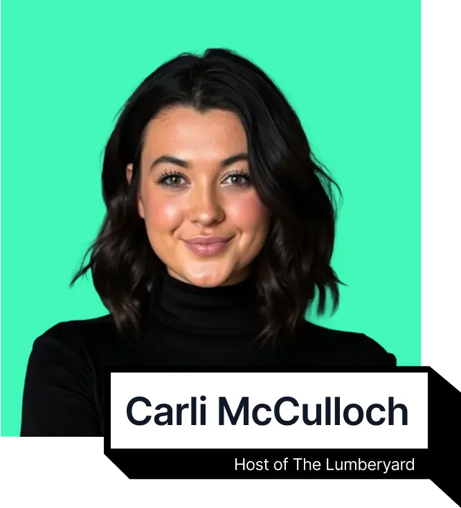 Portrait of Carli McCulloch with shoulder-length dark hair wearing a black turtleneck against a green background, labeled as Host of The Lumberyard.