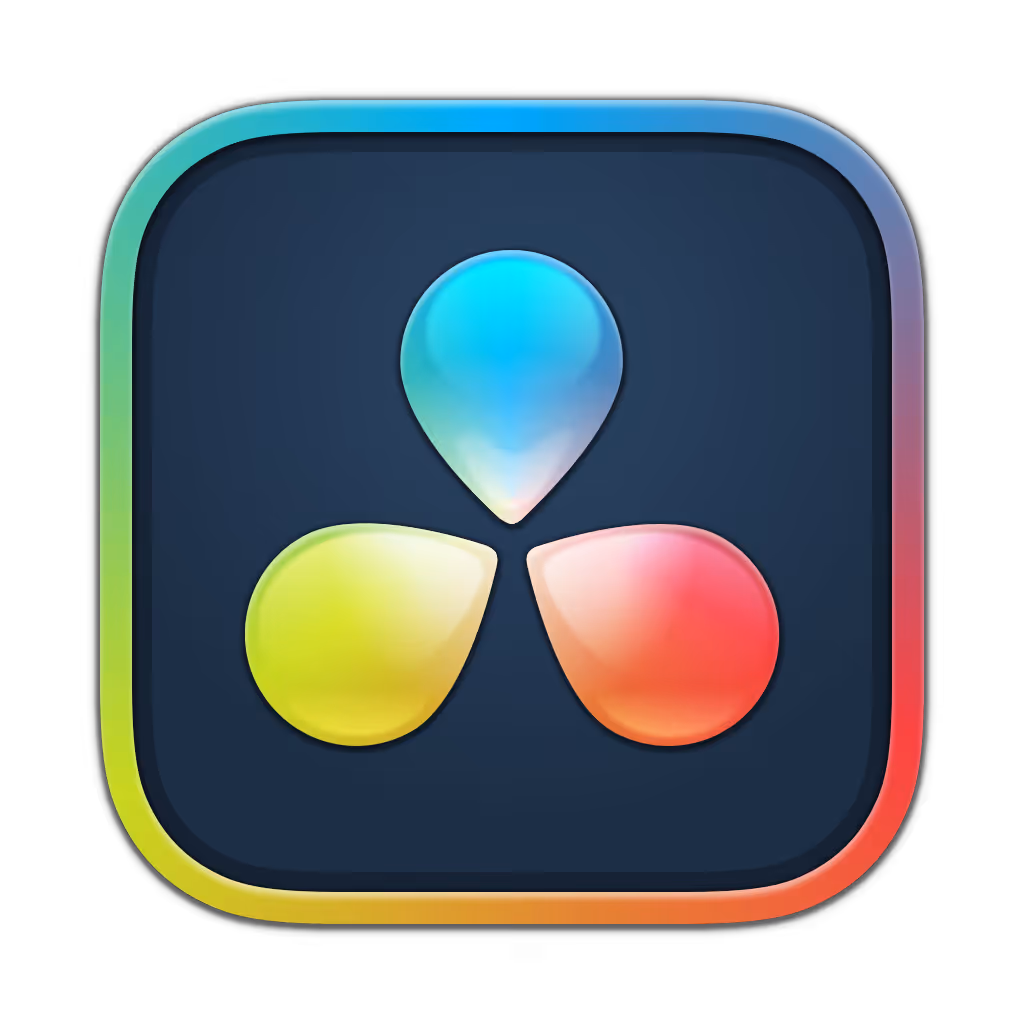 Icône de l’application DaVinci Resolve avec trois formes colorées bleu, jaune et rouge sur un fond sombre aux bords multicolores.